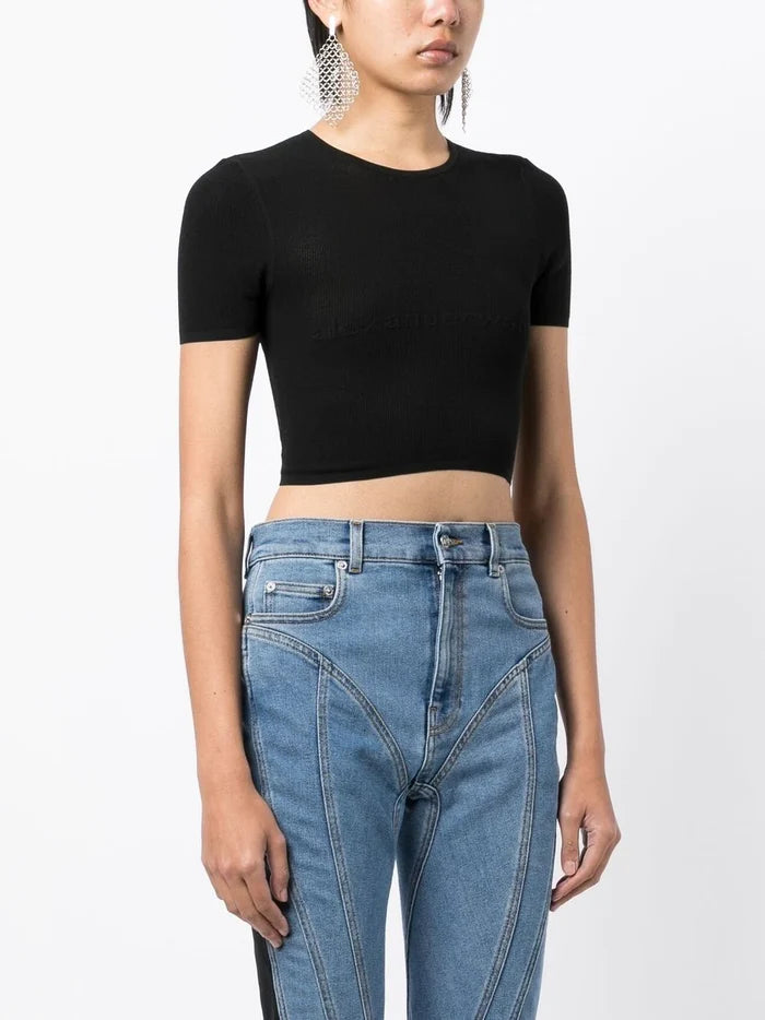 ALEXANDER WANG WOMEN Logo Mesh Crop Tee Black - MAISONDEFASHION.COM