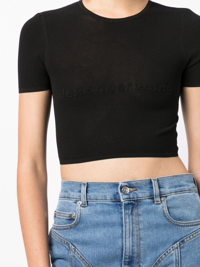 ALEXANDER WANG WOMEN Logo Mesh Crop Tee Black - MAISONDEFASHION.COM