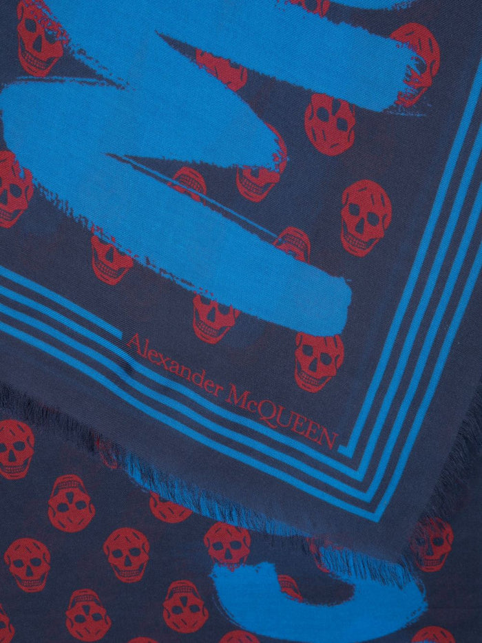 ALEXANDER MCQUEEN MEN All Over Skull Print Scarf Blue/Red - MAISONDEFASHION.COM