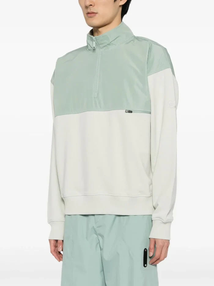 ALPHA TAURI MEN Shybo Knit Half-Zip Panelled Sweatshirt Sage Light Green - MAISONDEFASHION.COM