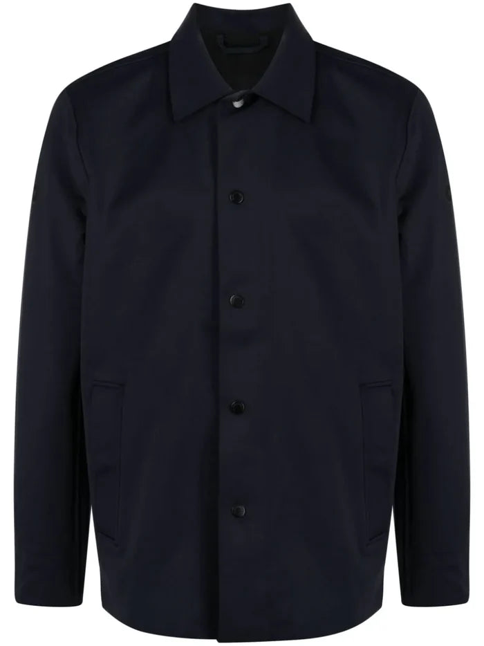 ALPHA TAURI MEN  Wrote V1.Y8.01 Woven Logo-Appliqué Button-Up Shirt Jacket Navy Blue - MAISONDEFASHION.COM