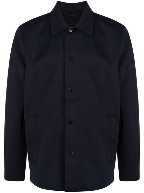 ALPHA TAURI MEN  Wrote V1.Y8.01 Woven Logo-Appliqué Button-Up Shirt Jacket Navy Blue - MAISONDEFASHION.COM
