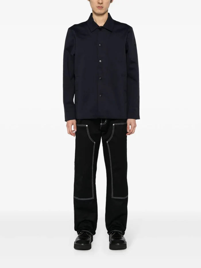 ALPHA TAURI MEN  Wrote V1.Y8.01 Woven Logo-Appliqué Button-Up Shirt Jacket Navy Blue - MAISONDEFASHION.COM