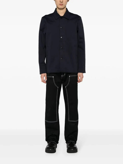 ALPHA TAURI MEN  Wrote V1.Y8.01 Woven Logo-Appliqué Button-Up Shirt Jacket Navy Blue - MAISONDEFASHION.COM