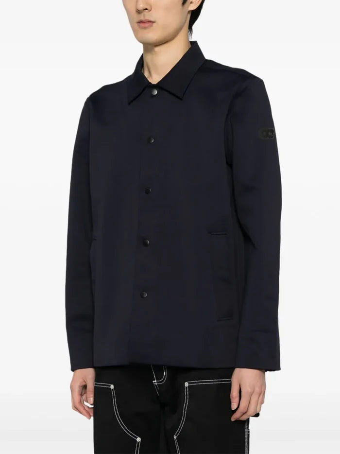 ALPHA TAURI MEN  Wrote V1.Y8.01 Woven Logo-Appliqué Button-Up Shirt Jacket Navy Blue - MAISONDEFASHION.COM