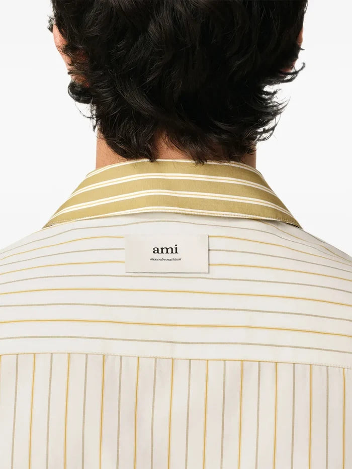 AMI ALEXANDRE MATTIUSSI Camp Collar Boxy Shirt White/Khaki - MAISONDEFASHION.COM