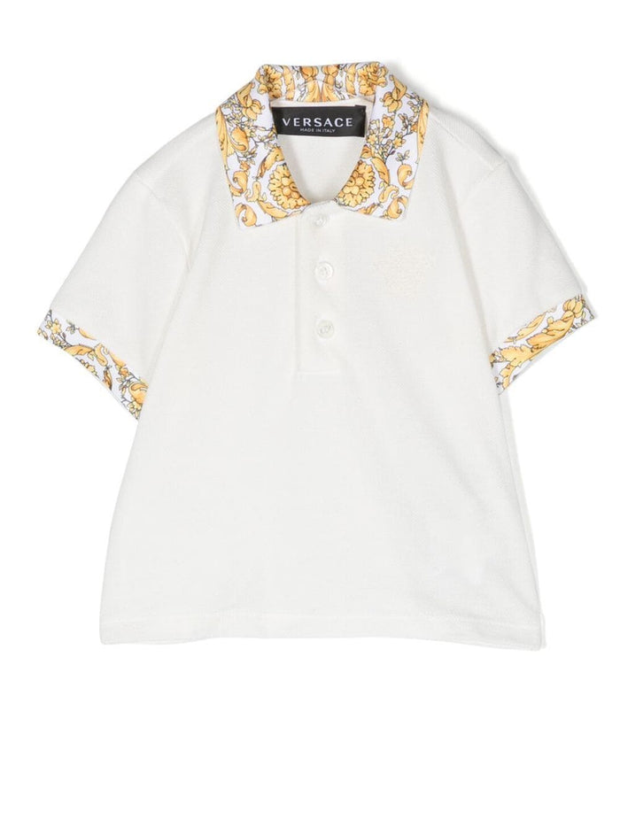 VERSACE BABY Barocco-print Cotton Polo Shirt White/Gold - MAISONDEFASHION.COM