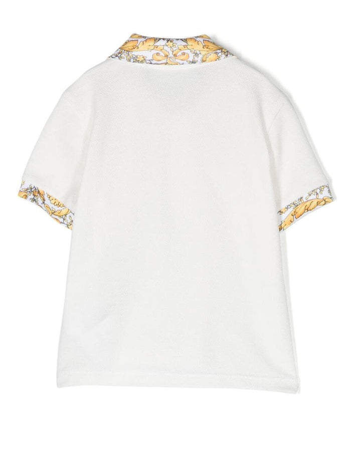 VERSACE BABY Barocco-print Cotton Polo Shirt White/Gold - MAISONDEFASHION.COM
