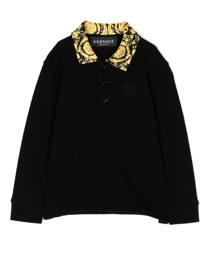 VERSACE BABY Baroque Collar Print L/S Polo Shirt Black - MAISONDEFASHION.COM