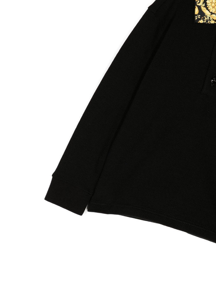 VERSACE BABY Baroque Collar Print L/S Polo Shirt Black - MAISONDEFASHION.COM