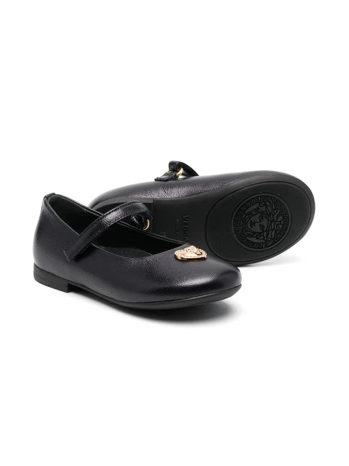 VERSACE BABY Girls Crystal Heart Medusa Leather Ballerinas Black - MAISONDEFASHION.COM