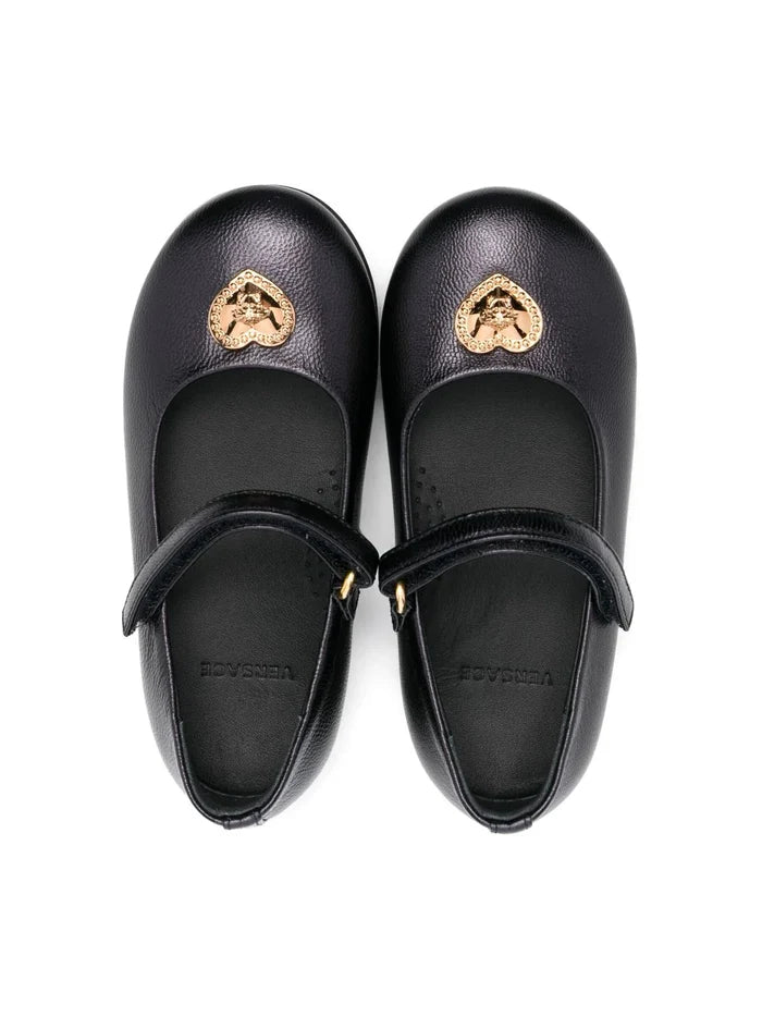 VERSACE BABY Girls Crystal Heart Medusa Leather Ballerinas Black - MAISONDEFASHION.COM