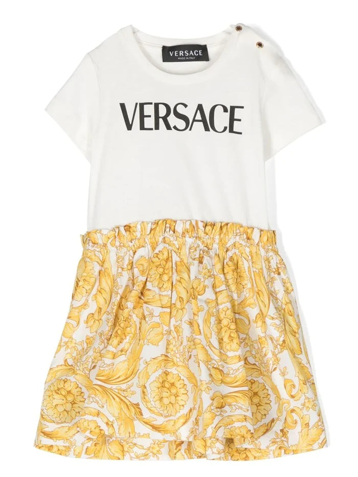 VERSACE BABY Greca-print Cotton Dress White/Yellow - MAISONDEFASHION.COM