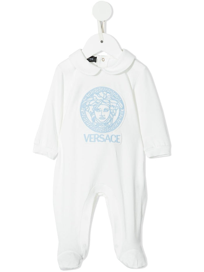 VERSACE BABY Logo print babygrow White/Blue - MAISONDEFASHION.COM