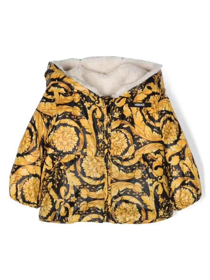 VERSACE BABY Unisex Logo-patch Barocco-print Padded Jacket Black/Yellow - MAISONDEFASHION.COM