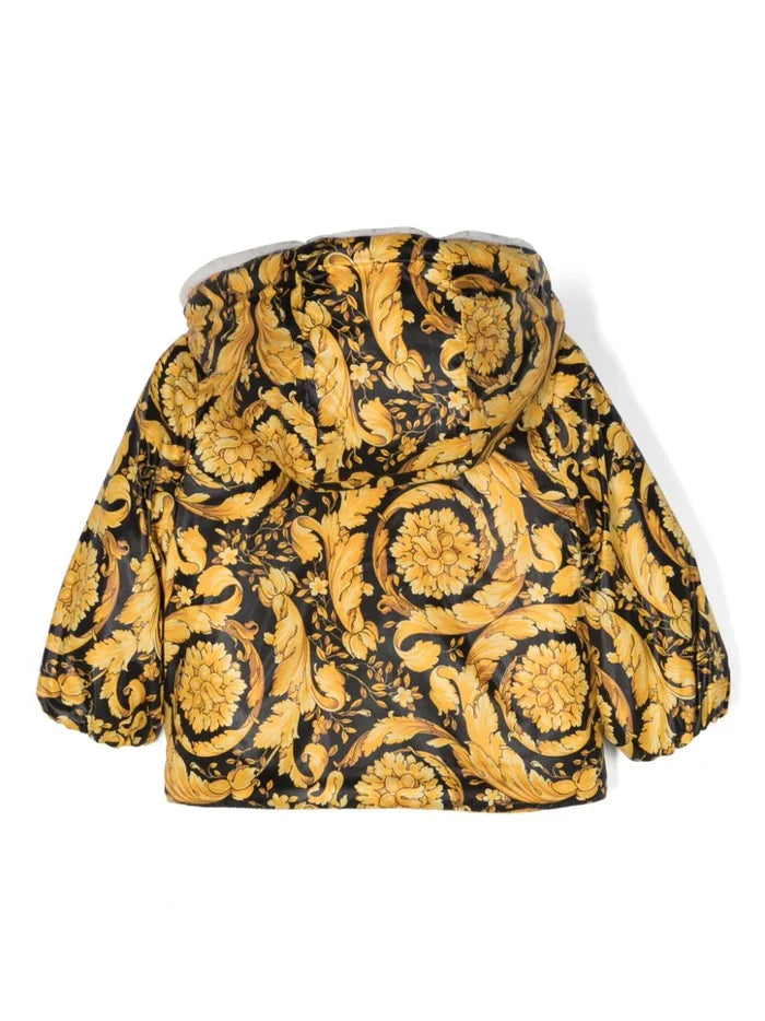 VERSACE BABY Unisex Logo-patch Barocco-print Padded Jacket Black/Yellow - MAISONDEFASHION.COM