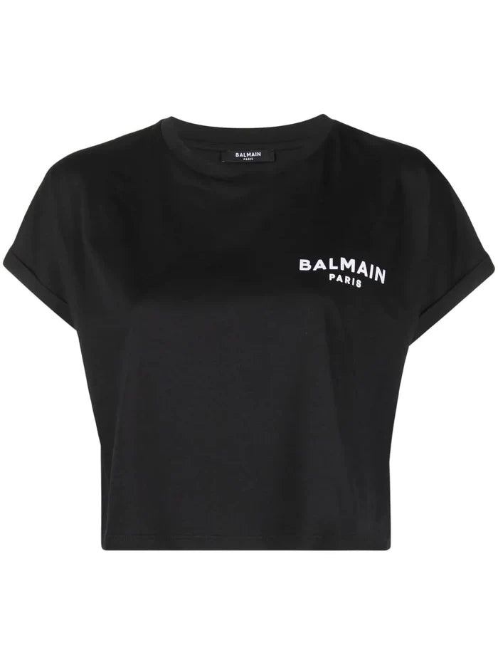 BALMAIN WOMEN Logo Print Cropped T-Shirt Black/White - MAISONDEFASHION.COM