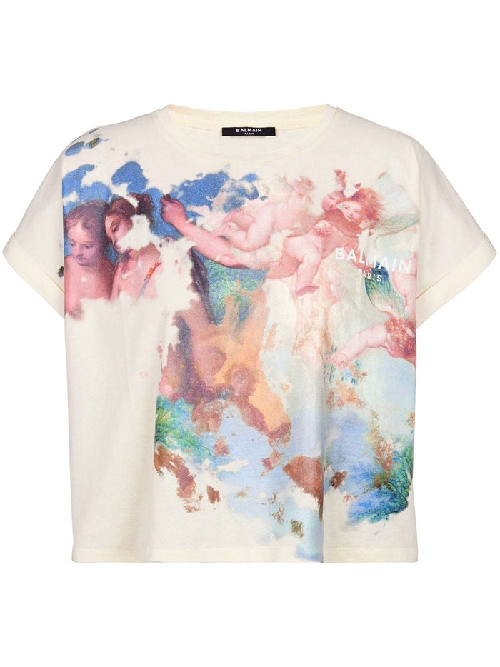 BALMAIN WOMEN Pastel Printed Cropped SS T-Shirt Multi - MAISONDEFASHION.COM