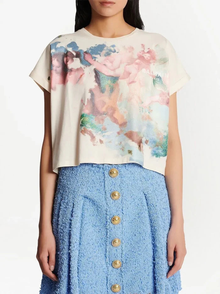 BALMAIN WOMEN Pastel Printed Cropped SS T-Shirt Multi - MAISONDEFASHION.COM