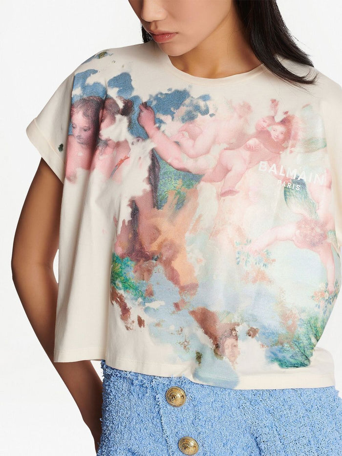 BALMAIN WOMEN Pastel Printed Cropped SS T-Shirt Multi - MAISONDEFASHION.COM