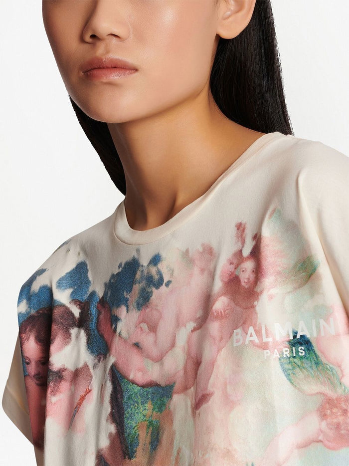 BALMAIN WOMEN Pastel Printed Cropped SS T-Shirt Multi - MAISONDEFASHION.COM