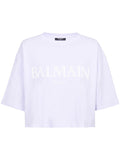 BALMAIN WOMEN Roman Rubber Logo Cropped T-Shirt Light Lilac/White - MAISONDEFASHION.COM