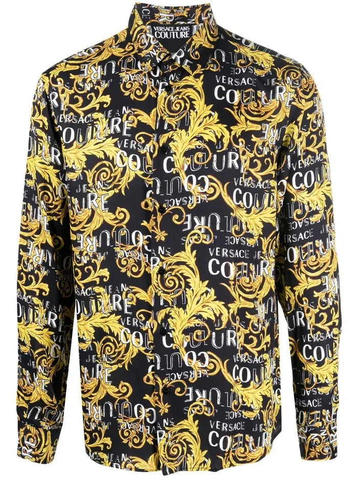 VERSACE MEN Baroque Logo Pattern Print Cotton Long Sleeve Shirt Black/Gold - MAISONDEFASHION.COM