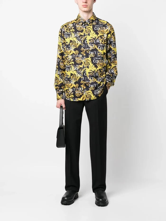 VERSACE MEN Baroque Logo Pattern Print Cotton Long Sleeve Shirt Black/Gold - MAISONDEFASHION.COM