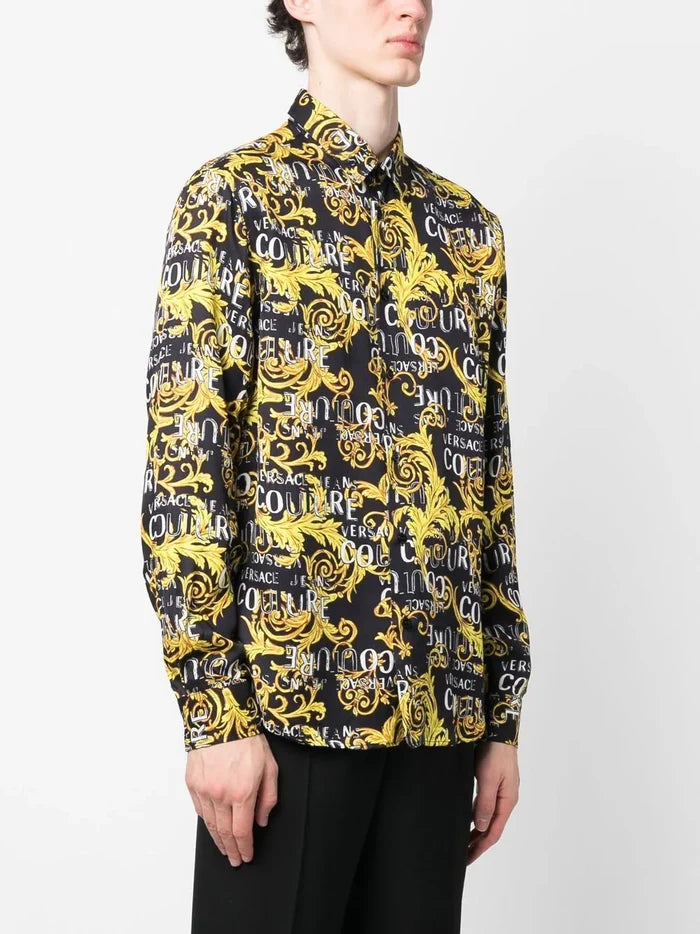 VERSACE MEN Baroque Logo Pattern Print Cotton Long Sleeve Shirt Black/Gold - MAISONDEFASHION.COM