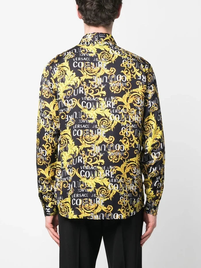 VERSACE MEN Baroque Logo Pattern Print Cotton Long Sleeve Shirt Black/Gold - MAISONDEFASHION.COM