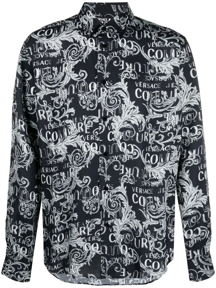 VERSACE MEN Baroque Logo Pattern Print Cotton Long Sleeve Shirt Black/Grey - MAISONDEFASHION.COM