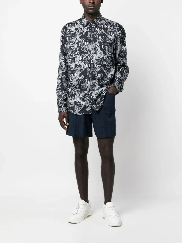 VERSACE MEN Baroque Logo Pattern Print Cotton Long Sleeve Shirt Black/Grey - MAISONDEFASHION.COM