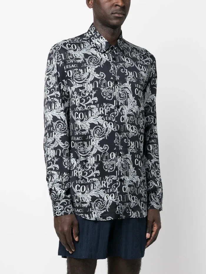 VERSACE MEN Baroque Logo Pattern Print Cotton Long Sleeve Shirt Black/Grey - MAISONDEFASHION.COM