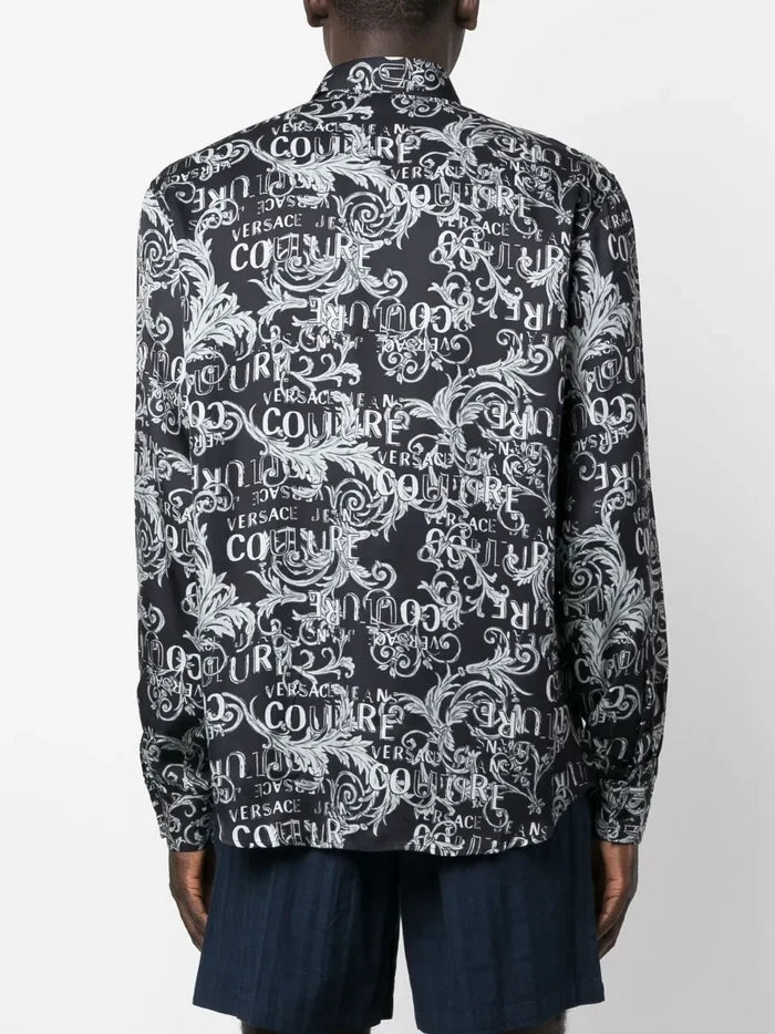 VERSACE MEN Baroque Logo Pattern Print Cotton Long Sleeve Shirt Black/Grey - MAISONDEFASHION.COM