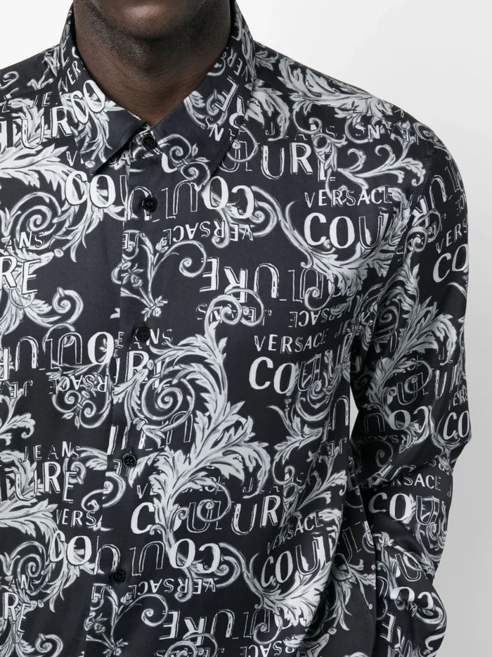 VERSACE MEN Baroque Logo Pattern Print Cotton Long Sleeve Shirt Black/Grey - MAISONDEFASHION.COM