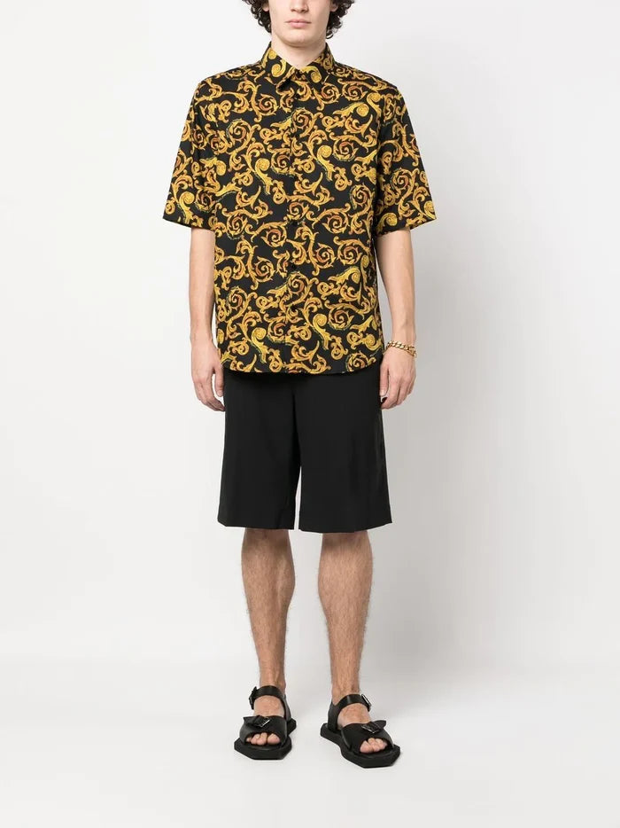 VERSACE MEN Baroque Pattern Print Cotton Shirt Black/Gold - MAISONDEFASHION.COM