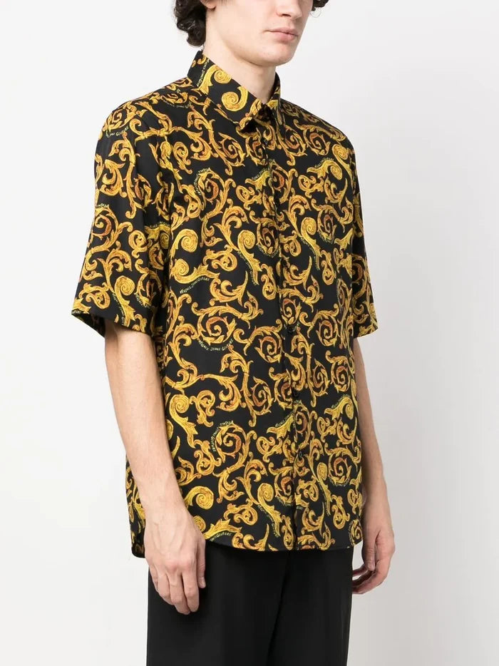 VERSACE MEN Baroque Pattern Print Cotton Shirt Black/Gold - MAISONDEFASHION.COM