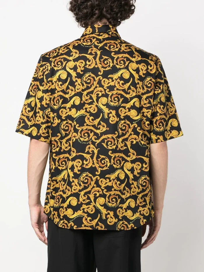 VERSACE MEN Baroque Pattern Print Cotton Shirt Black/Gold - MAISONDEFASHION.COM