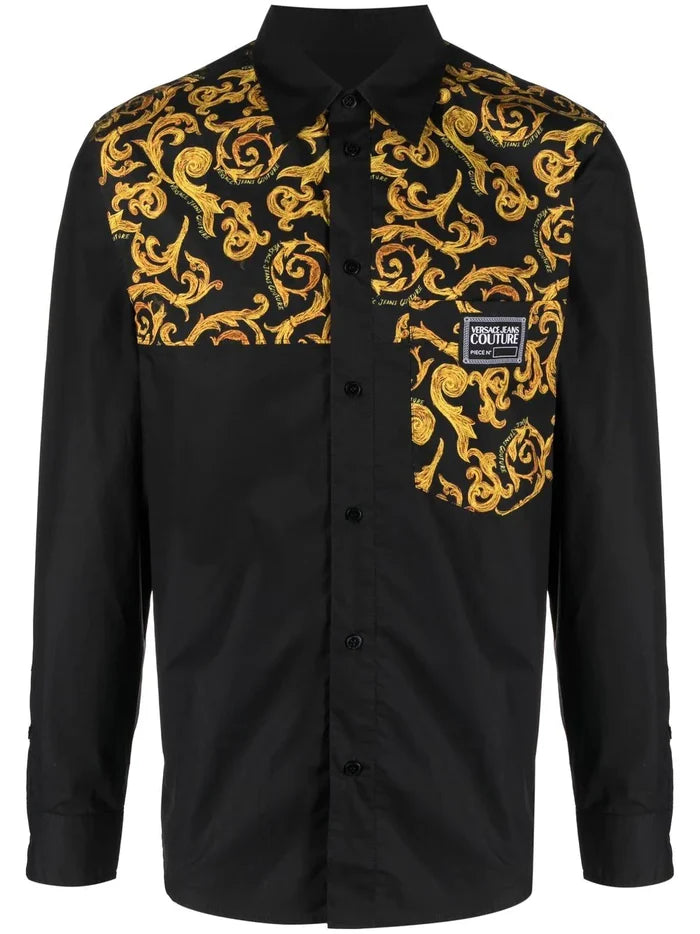VERSACE MEN Baroque Pattern Print Shirt Black/Gold - MAISONDEFASHION.COM