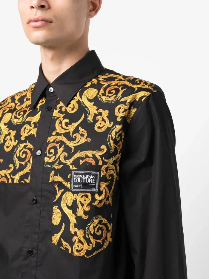 VERSACE MEN Baroque Pattern Print Shirt Black/Gold - MAISONDEFASHION.COM