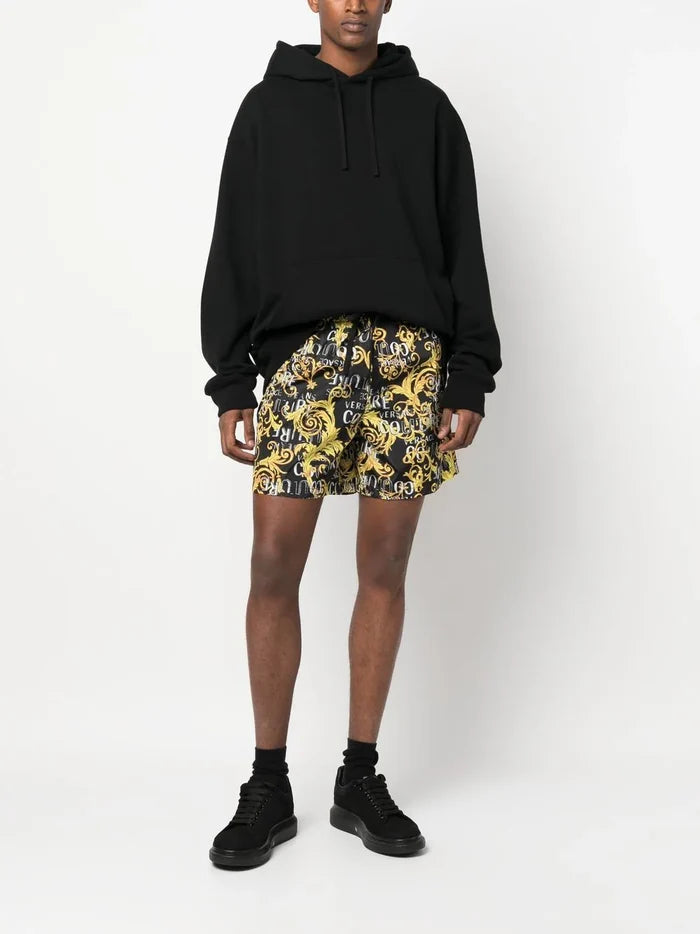 VERSACE MEN Baroque Pattern Print Shorts Black/Gold - MAISONDEFASHION.COM