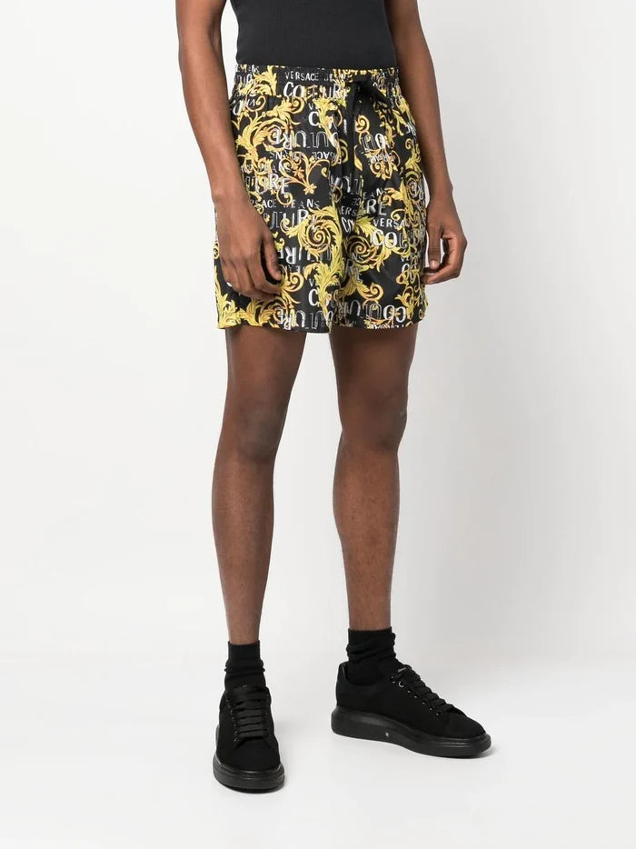 VERSACE MEN Baroque Pattern Print Shorts Black/Gold - MAISONDEFASHION.COM