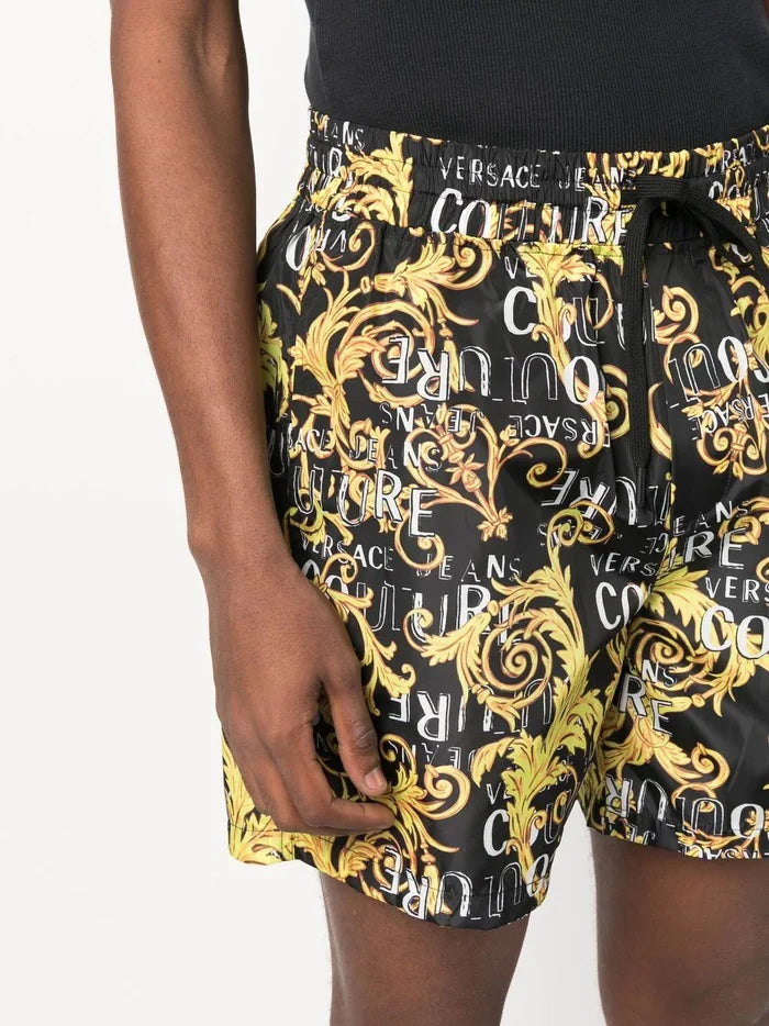 VERSACE MEN Baroque Pattern Print Shorts Black/Gold - MAISONDEFASHION.COM