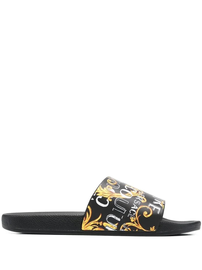 VERSACE MEN Baroque Print Open Toe Sliders Black/Gold - MAISONDEFASHION.COM