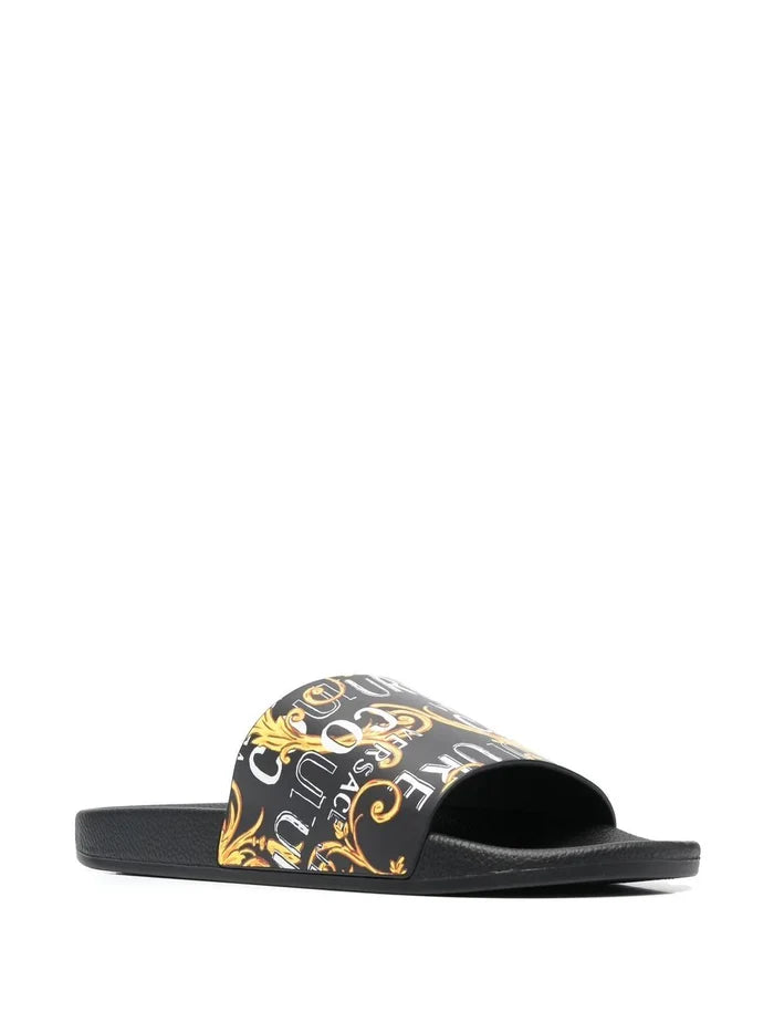 VERSACE MEN Baroque Print Open Toe Sliders Black/Gold - MAISONDEFASHION.COM