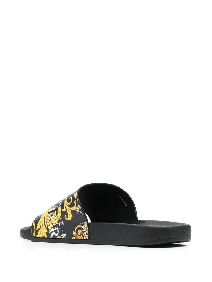 VERSACE MEN Baroque Print Open Toe Sliders Black/Gold - MAISONDEFASHION.COM