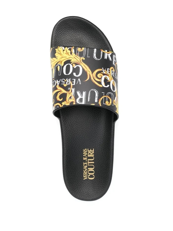 VERSACE MEN Baroque Print Open Toe Sliders Black/Gold - MAISONDEFASHION.COM