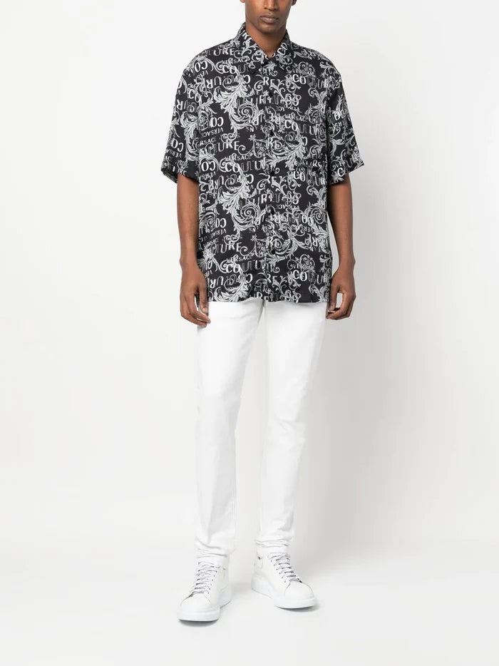 VERSACE MEN Baroque Print Short Sleeve Shirt Black/White - MAISONDEFASHION.COM