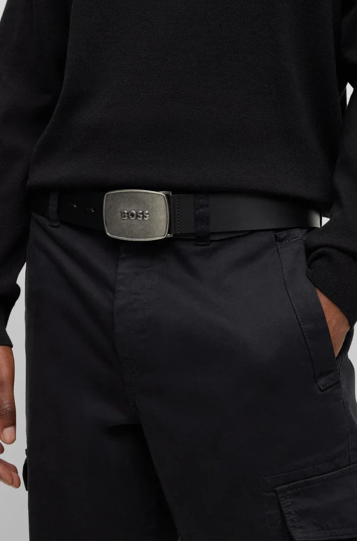 BOSS MEN Brushed Metal Logo Leather Belt Black/Silver - MAISONDEFASHION.COM