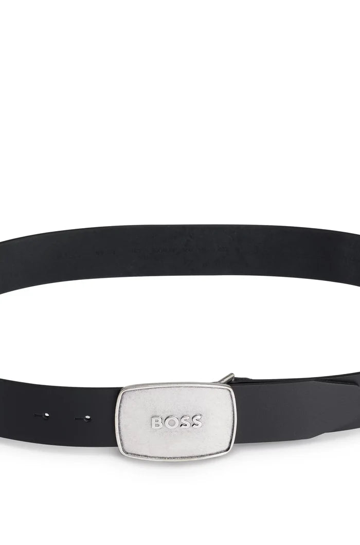 BOSS MEN Brushed Metal Logo Leather Belt Black/Silver - MAISONDEFASHION.COM